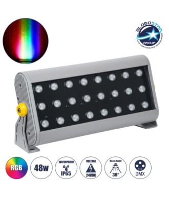 GLOBOSTAR® FLOODHENA 90643 Προβολέας Σποτ Wall Washer LED 48W 3840lm 30° DC 24V Αδιάβροχο IP65 Πολύχρωμο RGB Dimmable DMX512 - Bridgelux SMD Chip - Γκρι Ανθρακί - Μ39 x Π6 x Υ17cm - 3 Χρόνια Εγγύηση